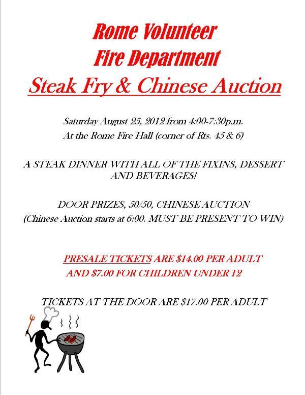 Rome Volunteer Fire Department Steak Fry & Chinese Auction – RomeRock ...